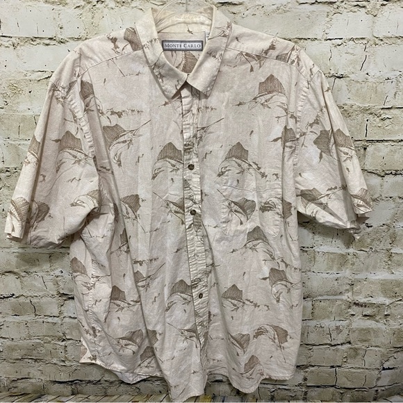 Monte Carlo Beige Marlin Fishing Cotton Button Up Shirt - Picture 1 of 4